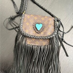 Louis Vuitton Brown Monogram Fringe Crossbody with Turquoise Heart Accent